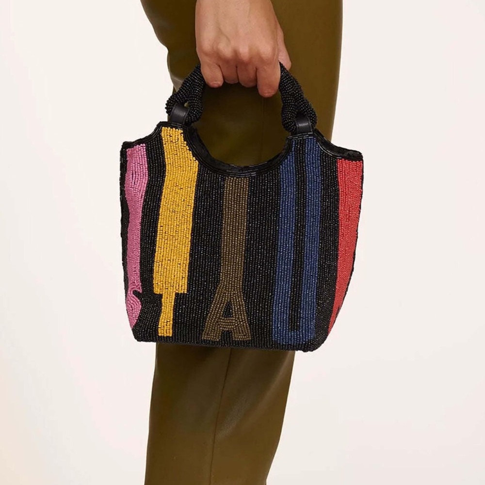 Staud Beaded Multicolor Stripe Tote Bag - Black, Pink, Yellow, Blue